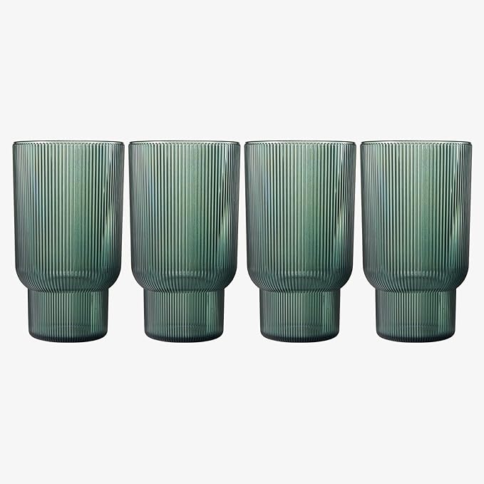 Shatterproof Acrylic Tall Drinking Glasses Set, European Style, Dishwasher Safe, Ribbed | Set of 4 | Fluted Tritan Drinkware, Unbreakable BPA-free Plastic, Reusable Stackable Glassware 14.5oz - Green
