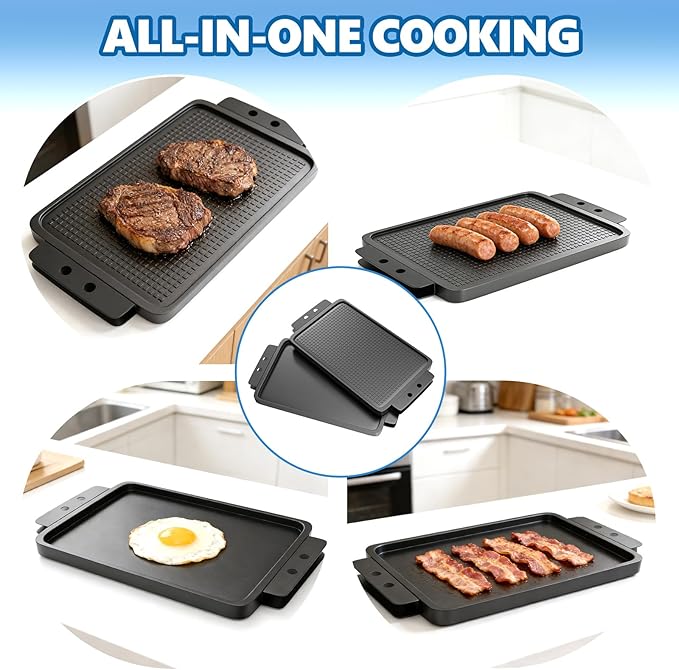 SafBbcue Upgraded 2-IN-1 Reversible Cast Iron Griddle, 17.5 x 10.8 Inch Griddle Pan with Silicone Cooling Handle, Griddle for Gas Stove, Electric, Flat Top, Portable for Stovetop or Outdoor Camping