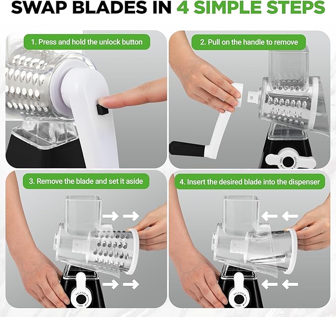 Nutrichef 3 in 1 Cheese Grater & Shredder | Strong Suction Base, Rotary Handle with Safety Lock | Includes Hand Crank & 3 Drum Blades for 3 Textures, Fine, Medium & Strips | Black