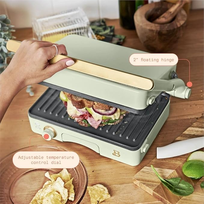 Panini Press Indoor Grill 1 2-in-1200W Non-Stick Removable Plates Sandwich Maker by Drew Barrymoree. (Sage Green)