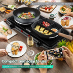 CUKOR Double Cast Iron 2 Burner, 1800W Countertop Burner, Dual Electric Stove Burners, Portable Double Burner for Cooking