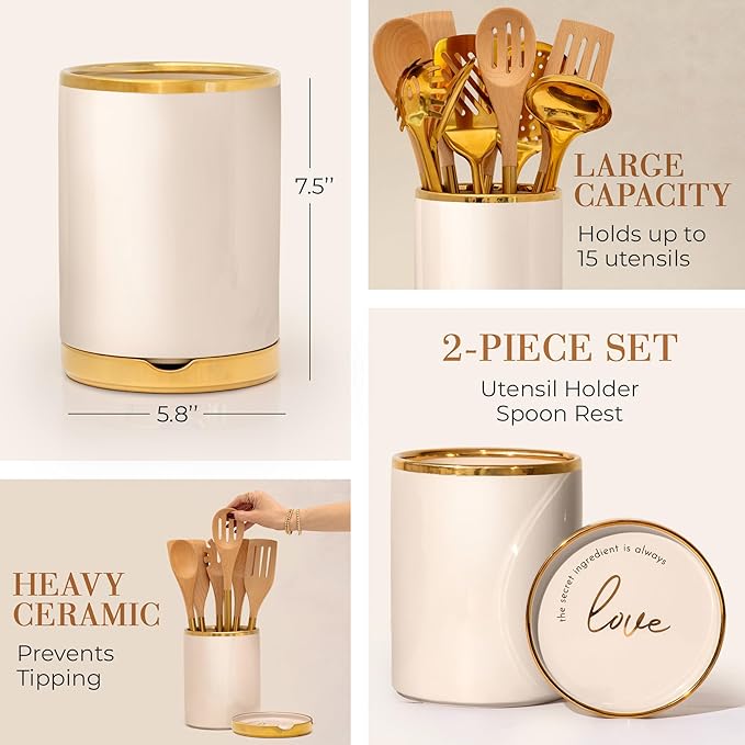 STYLED SETTINGS Beige Utensil holder - Large Ceramic Utensil Crock for Kitchen Counter – Stylish Cooking Utensil Storage & Gold Spoon Rest – Kitchen Organization & Farmhouse Décor