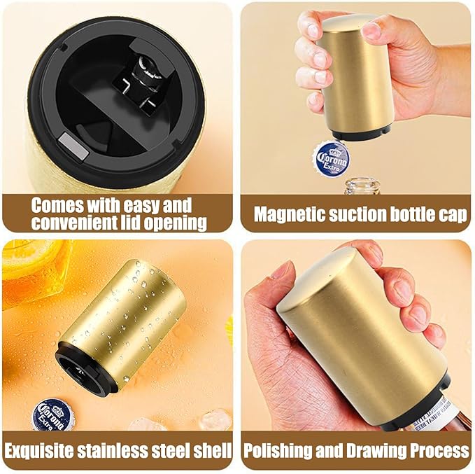 Automatic Bottle Opener Bottle Cap Opener Beer Bottle Opener Destapadores de Cerveza, Down-Pop Off Beer Bottle Openers with Magnetic Cap Catcher, Home Bars Kitchen Cool Bartender Tools（Gold）