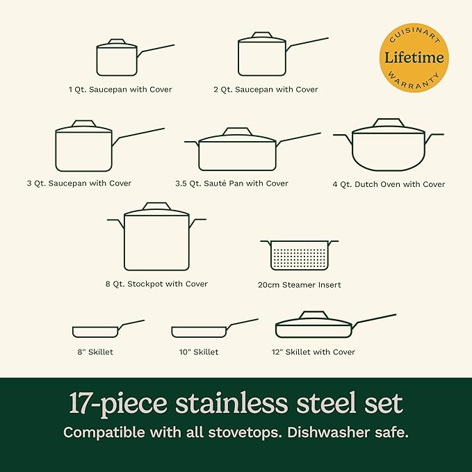 Cuisinart 17-Piece Stainless Steel Cookware Set, Chef's Classic Steel Collection with Pure Aluminum Core for Quick and Even Heat, Cool Grip Handles, Dishwasher Safe, 77-17N