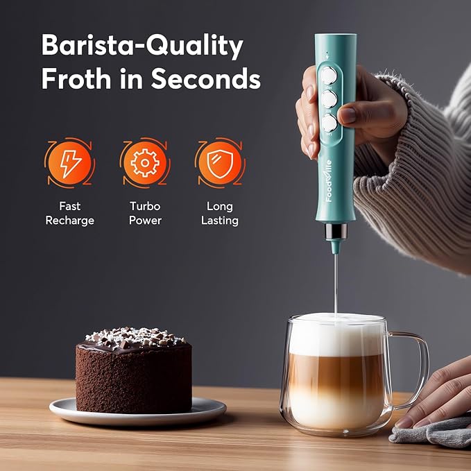 FoodVille MF02 Rechargeable Milk Frother Handheld Foam Maker with Stainless Whisk for Cappuccino, Latte, Bulletproof Coffee, Keto Diet, Protein Powder, Matcha (Turquoise Green)