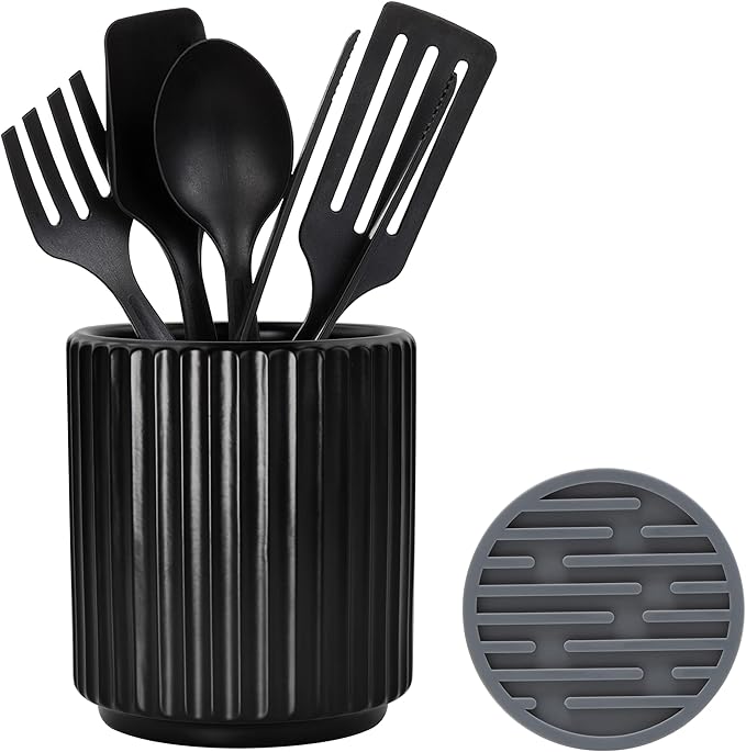 Black Utensil Holder (H5.51” x W4.92”), Ceramic Utensil Crock, Cooking Spoon Holder for Kitchen, Spatula Holder for Counter, Includes Silicone Drying Mat, Black
