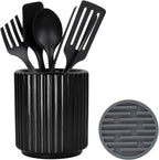 Black Utensil Holder (H5.51” x W4.92”), Ceramic Utensil Crock, Cooking Spoon Holder for Kitchen, Spatula Holder for Counter, Includes Silicone Drying Mat, Black
