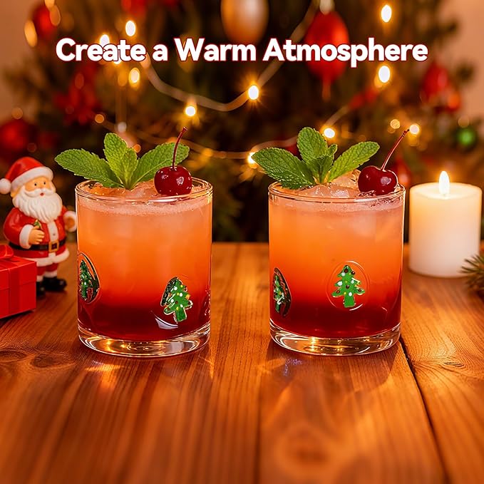 2 Pcs Handmade Christmas Tree Icon Juice Glass Cup, 14 oz Double Old Fashioned Stemless Wine Cocktail Drinking Glass Cup for Holiday Party Supplies Xmas Gifts