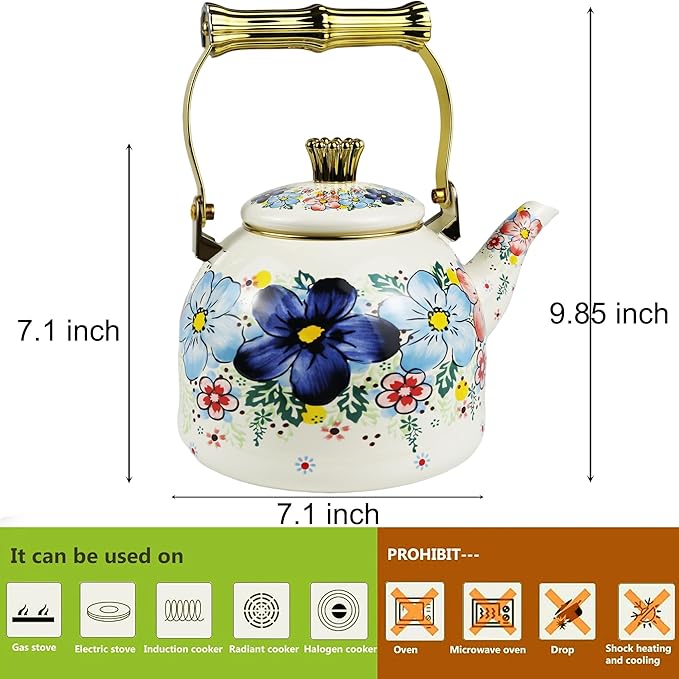 Vintage Enamel Tea Kettle, Blue Floral Pattern Stovetop Teapot with Gold Handle, 2.5L Enamel Kettle Kitchen Decor, Ideal Gift for Housewarming Camping Coffee Pot