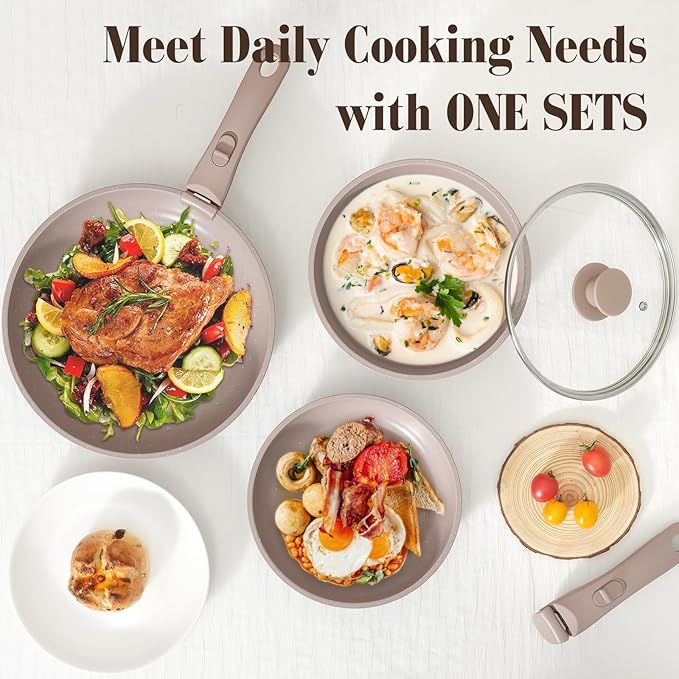 SODAY 15Pcs Pots and Pans Set Non Stick, Cookware Sets with Detachable Handle, Nonstick RV Kitchen Cooking Tools Removable Handles, Oven Safe, Induction Fast, Stackable Induction Cookware, Brown