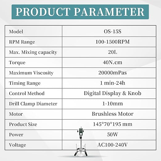 OS-15S Digital Overhead Stirrer 20L(H₂O) Lab Stirrer H-Base Stainless Steel Stand & 1 Stirring Paddle | 100-1500RPM,20000 mPas,Timing 1min-24h