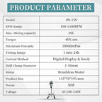 OS-15S Digital Overhead Stirrer 20L(H₂O) Lab Stirrer H-Base Stainless Steel Stand & 1 Stirring Paddle | 100-1500RPM,20000 mPas,Timing 1min-24h