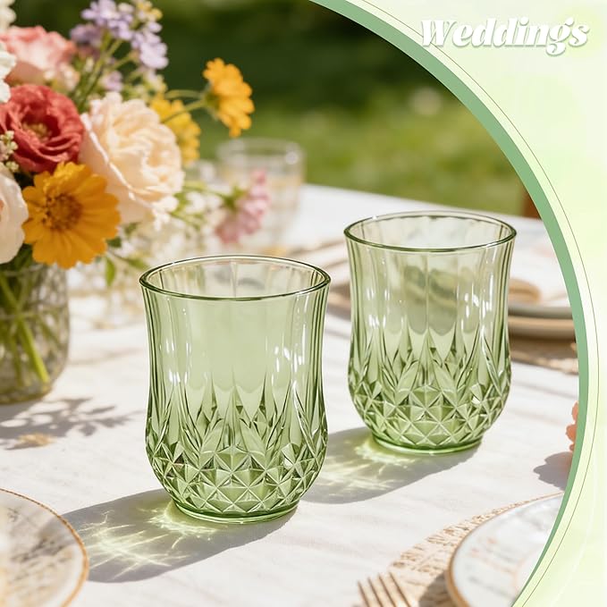 24 Pack Plastic Stemless Wine Glasses,12oz Unbreakable Vintage Elegant Drinking Glass Set,Reusable Fancy Cocktail Cups for Party, Wedding, and Bulk Events (24, 12oz-Sage Green)