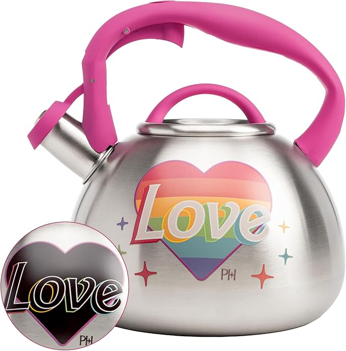 Paris Hilton Whistling Stovetop Tea Kettle, Stainless Steel with Rainbow Love Color Changing Heat Indicator Design, Soft Touch Handle, 2.5-Quart, Love Rainbow