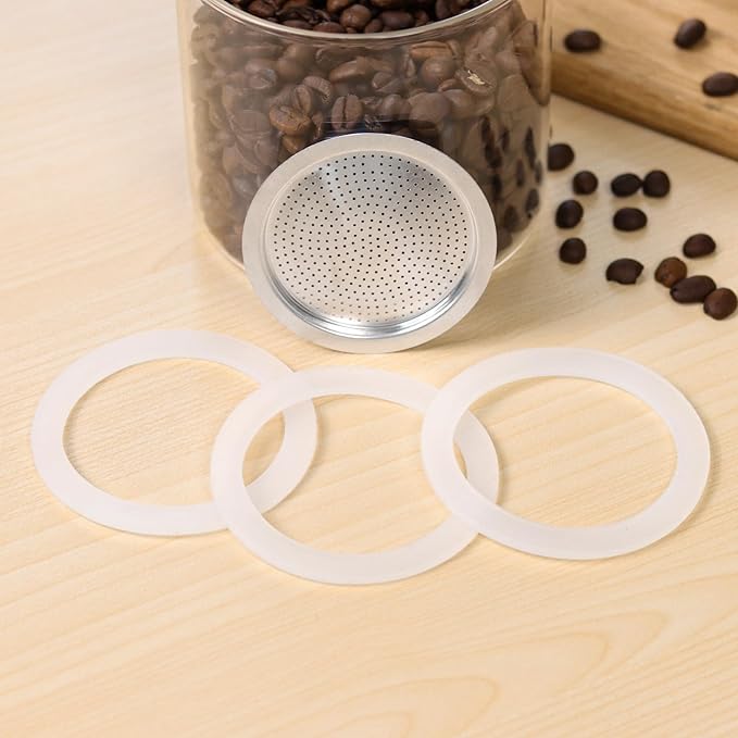 Sivaphe 3 Cup Moka Pot Replacement Infuser Parts for Aluminum Italian Stovetop Espresso Coffee Maker, 1 Filter and 3 Silicone Gasket Seals