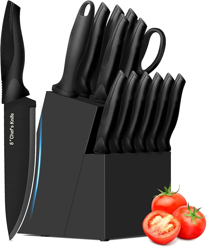 XANAPON Knife Set, 14 Pieces Kitchen Knife Set, High Carbon German Stainless Steel, Dishwasher Safe Cutlery with Sharpener, Black