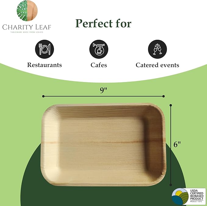 Charity Leaf 200-Pack 9"x6" Palm Leaf Trays | Eco-Friendly, Compostable Bamboo-Style Platters for Events & Weddings