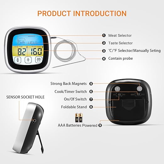 Meat Thermometer, Digital Oven Thermometer with Long Probe, Large LCD Touchscreen, Kitchen Timer, Instant Read Grill Thermometer for Oven BBQ Candy Steak Cooking Baking Grilling