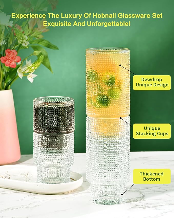 ISMASOAN Hobnail Drinking Glasses Set of 12, Stackable Glasses 12 oz and 7 oz, Bubble Glasses Drinking, Vintage Glassware, Beaded Glassware, Highball Glasses, Gift Box Set