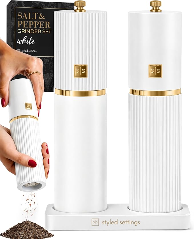 Wooden Salt and Pepper Grinder Set – Refillable Manual Salt and Pepper Mills with Adjustable Ceramic Burrs, Gold Detailing, and Wood Stand – White