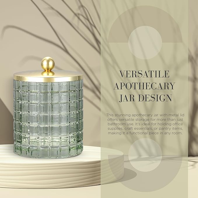 Sage Colored Tranlucent Apothecary Etched Geometric Grid Glass Jar W/Gold Metal Lid Cover for Bathroom Organization, Cotton Balls, Q Tips, and Small Accessories, Bathroom Storage