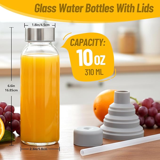 10 oz Clear Glass Bottle with Lid, Reusable Glass Water Bottles with Stainless Steel Cap & Straws for Juicing, Milk, Ginger & Smoothies, Refrigerator, Leak-Proof, Juice Containers Set of 12