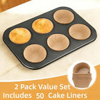 Artcochan 2 Pack Muffin Pan with 50 Cupcake Liners, Extra Large 6 Cup Nonstick Carbon Steel Cupcake Pan,Jumbo Muffin Tin for Baking Supplies