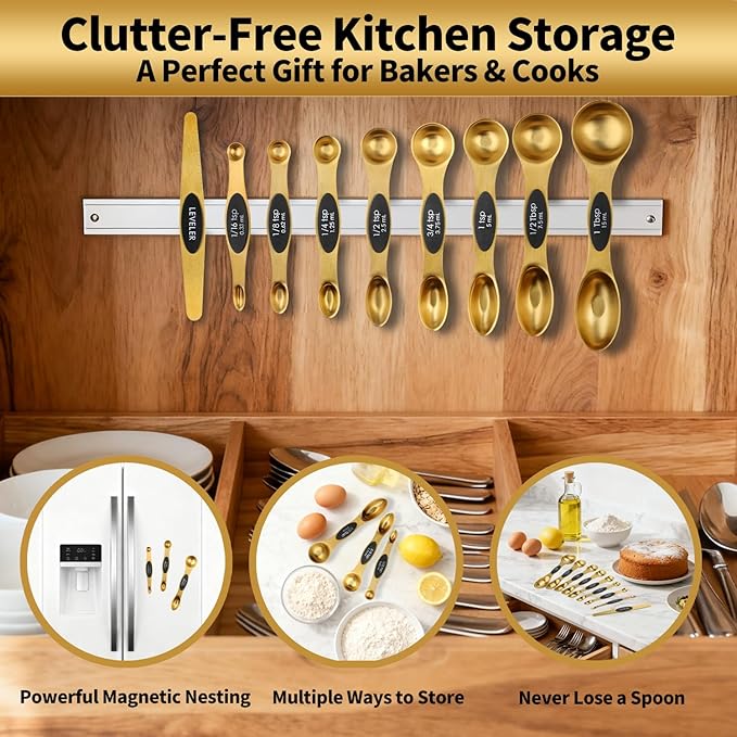 Gold Magnetic Measuring Cups & Spoons Set of 16, 7 Stainless Steel Measuring Cups, 8 Double-Sided Measuring Spoons & 1 Leveler, Premium Finish Baking Tools Kitchen Gadget for Dry & Liquid Ingredients