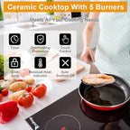 Winado 5 Burners Electric Ceramic Cooktop 35 inch, 220-240V Flat Top Stove, Multi-function Elecric Stovetop w/9 Heating Level, Timer & Kid Safety Lock, Sensor Touch Control, Timer Setting, 8600W