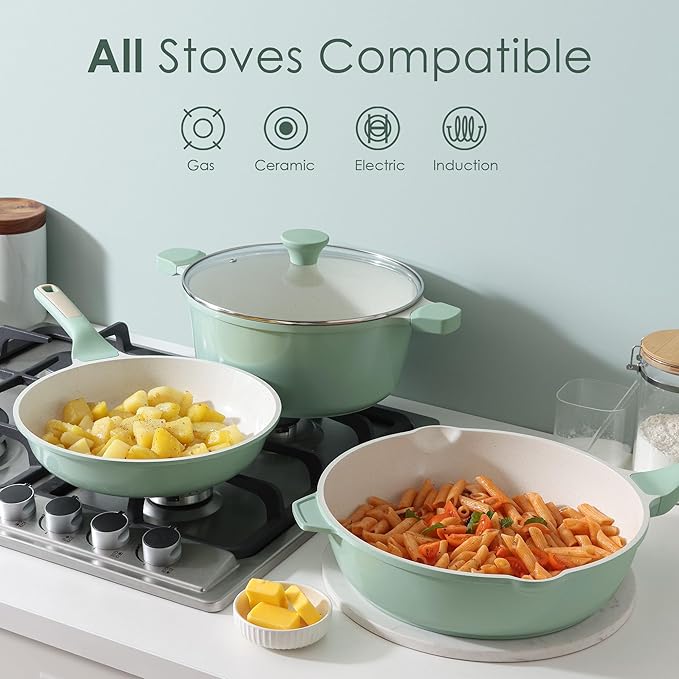 SENSARTE Nonstick Ceramic Cookware Set Large 13-Piece, Healthy Pots and Pans Set Dishwasher Safe, Non-toxic Kitchen Cooking Set with Stay-Cool Handles, Induction Compatible, PFAS Free, Green