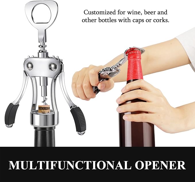 KORCCI Wine Opener, Heavy-Duty Zinc Alloy Wing Corkscrew, Premium Beer Bottle Opener, Multifunctional Wine Accessories with Ergonomic Handle and Sharp Screw, for Kitchen, Bar, Restaurant (BOX)