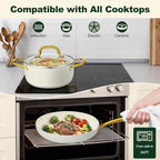 M MELENTA Pots and Pans Set Non Stick, 7 Piece White Granite Induction Cookware Set, Nonstick Kitchen Cooking Set with Gold Handle and Utensil, Oven Safe (PFOS, PFOA Free)