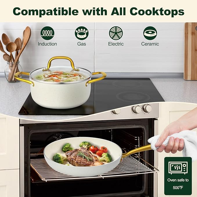 M MELENTA Pots and Pans Set Non Stick, 7 Piece White Granite Induction Cookware Set, Nonstick Kitchen Cooking Set with Gold Handle and Utensil, Oven Safe (PFOS, PFOA Free)
