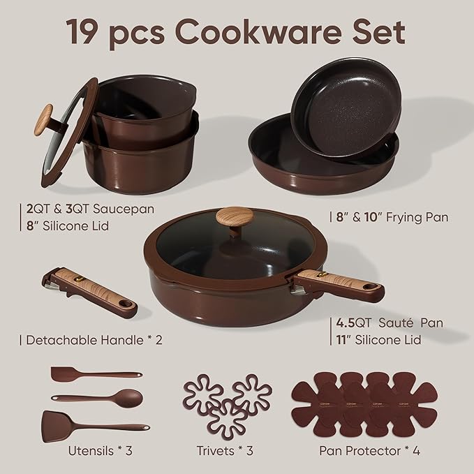 CAROTE 19 Pcs Ceramic Cookware Set, Pots and Pans Set Non Stick with Detachable Handle, RV Kitchen Cooking Set, Induction & Oven Safe, Non-Toxic, PFAS and PFOA Free, Dark Choco