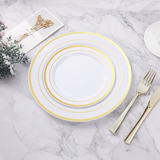 BESTVIP 100PCS Gold Plastic Plates, 10.25 Inch Disposable Dinner Plate Party with Gold Rim for Christmas, Thanksgiving, Heavy Duty Disposable Plastic Plates for Party, Wedding and Birthday, Events