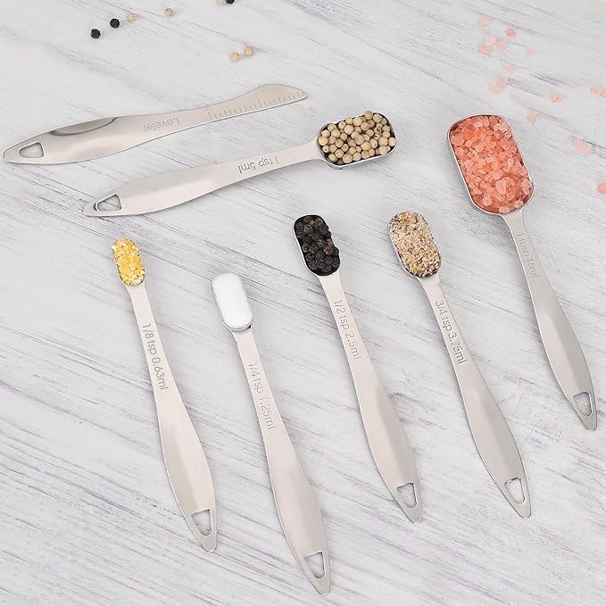 Accmor Stainless Steel Measuring Spoons Set of 7, Nesting Measuring Tool with Leveler, Rectangular Tablespoon and Teaspoon for Baking & Cooking, Stackable Kitchen Gadgets for Dry & Liquid Ingredients