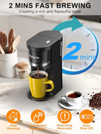 Small Single Serve Coffee Maker, Fast Brew for K-Cup & Ground Coffee, 6-12 Oz Brew Sizes, One-Button Single Cup Coffee Maker, Coffee Machine with Descaling Reminder