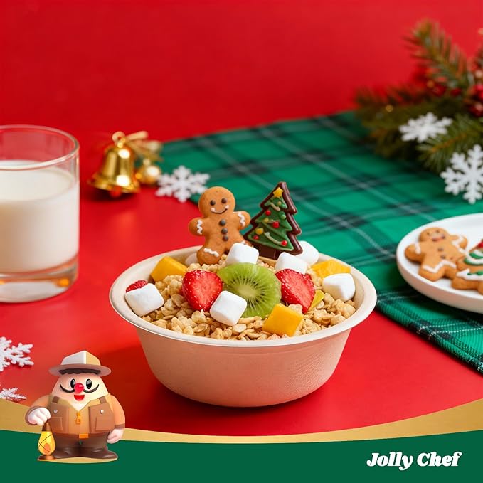 JOLLY CHEF Compostable Disposable Paper Bowl [16 oz] Heavy Duty Soup Containers [150 Pack] Biodegradable Bagasse Hot Cold Eco-Friendly Natural Sugarcane Microwavable Bowls for Dinner Christmas