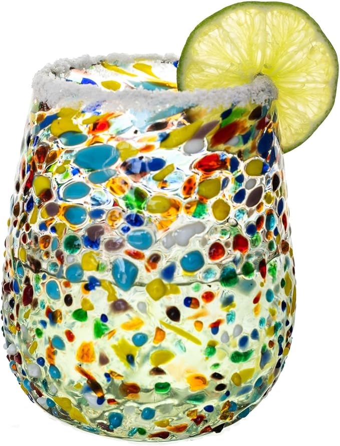 Confetti Dots Hand Blown Stemless Wine Glasses - 100% Recycled Mexican Glassware - Artisan Crafted Drinking Glasses for Cocktails, Tequila, or Water - Set of 6 (16 oz)
