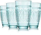 CREATIVELAND Colored Vintage Drinking Glasses Set of 4, 15.5 oz Romantic Embossed Water Glasses, Colored Tumblers Tempered Glass for Juice, Beverages, Beer, Cocktail
