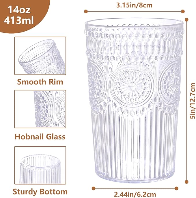 Ciaell 12 Pack Romantic Plastic Water Glasses - 14 Oz Clear Vintage Drinking Glasses, Embossed Ribbed Plastic Cups, Textured Striped Drinkware Set for Juice, Beverages, Beer, Cocktail