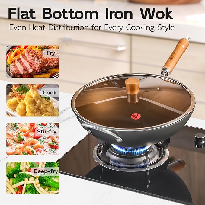 WANGYUANJI 13.4" Flat-Bottom Iron Wok with Glass Lid, Uncoated Stir-Fry Pan, Fast-Heating Refined Iron, Induction/Gas/Electric Compatible, Wooden Handle & Helper Ring (Seasoning Required)