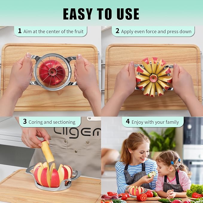 LIIGEMI Apple Core Slicer - Easily Cut Smooth Apple Slices with 12-Stainless Steel Blades, Time-Saving Apple Slicer and Corer with Mirrored Handle