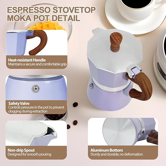 Aluminum 3 Cup 150ml Moka Pot Express Coffee Maker Stovetop Espresso Colorful Coffeemaker Italian Classic Style Brewing Greca Cafe Mocha Machine for Cafeteras Lover Camping Travel and Home Use 5oz