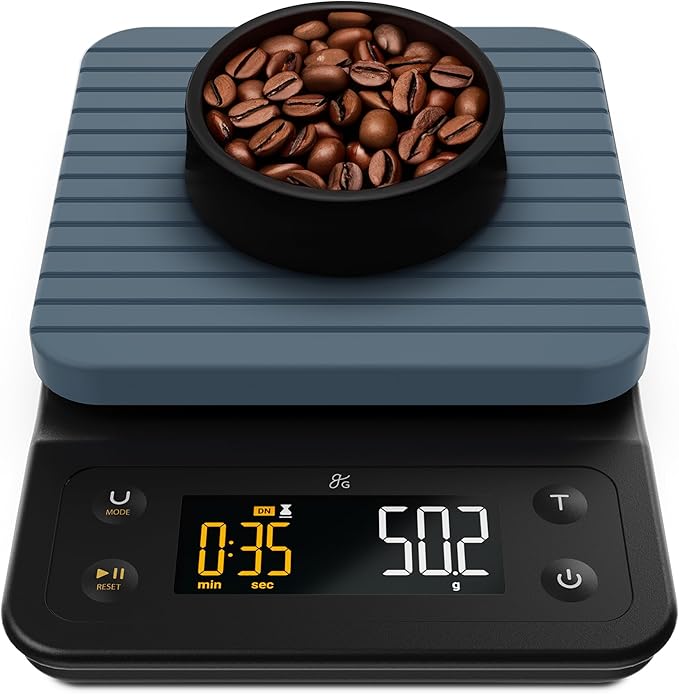 Greater Goods Coffee Scale with Timer – 0.1g Precision Digital Coffee & Espresso Scale for Pour-Over, Coffee Bean Weighing, Barista Brewing, Waterproof Cover, 3kg Capacity (Stone Blue)