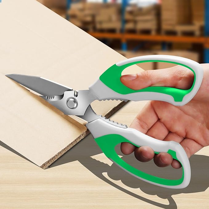 8-Inch Utility Scissors All Purpose Heavy Duty, Serrated Blade, Green Comfort Grip for Cutting Carpet, Cardboard, Leather, Fabric, Multipurpose Sharp Shears for Kitchen, Garden, Office, Carft