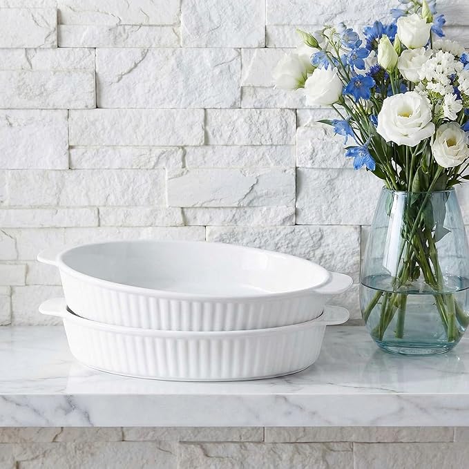 10 x 7 Inch Oval Au Gratin Baking Dishes, Set of 2, Porcelain Baking pan Oven Safe, Roasting Lasagna Pans, for Casserole Dish, Pie Plate, Baking, scalloped potatoes, shepherds pie