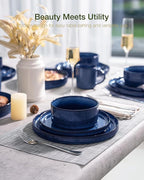 Famiware Star 12-Piece Stoneware Dinnerware Sets for 4, Reactive Glaze Plates and Bowls, Modern Rustic Dishes for Everyday & Formal Use, Chip/Scratch Resistant, Microwave/Dishwasher Safe, Nebulas Blue