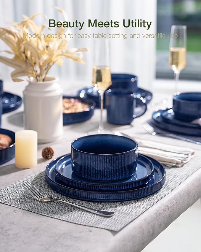 Famiware Star 24-Piece Plates and Bowls Set with Trim, Service for 8 - Stoneware Reactive Glaze Dinnerware, High Edge Ribbed Dishes, Chip & Scratch Resistant, Microwave & Dishwasher Safe, Nebulas Blue