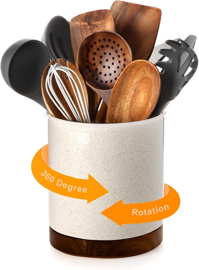 Nucookery 360°Rotating Utensil Holder, 7.2" Large Utensil Crock, Ceramic Cooking Utensil Organizer with Countertop-Protection Cork Bottom for Farmhouse Kitchen Decor Christmas Thanksgiving Gift (Sand)